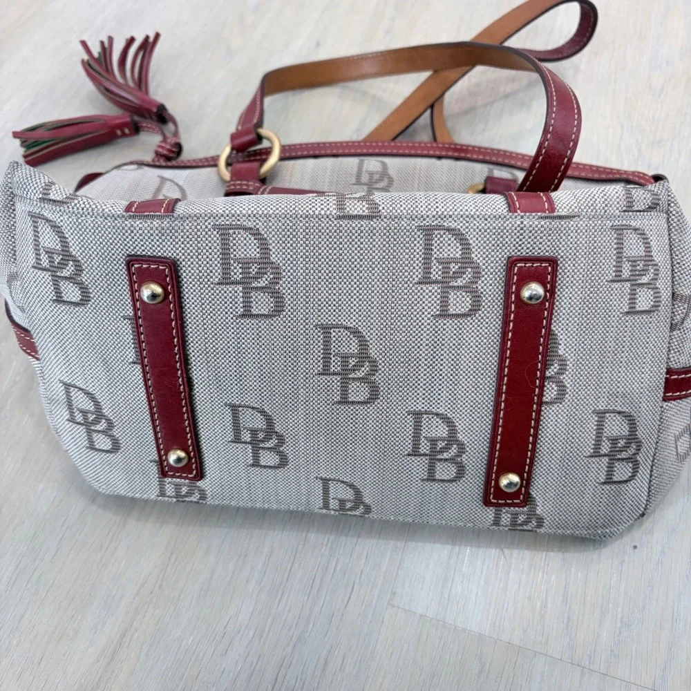 Dooney & Bourke Signature Monogram Canvas Satchel Burgundy Leather Trim 33906721